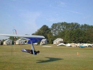 Scott Angel, in a Rotor Kick-Ass harness, landing his Talon at the Lookout Mt. speed gliding competition finish gate (prior to 2002 Nationals)