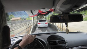 driving on the train that took us under the mountains